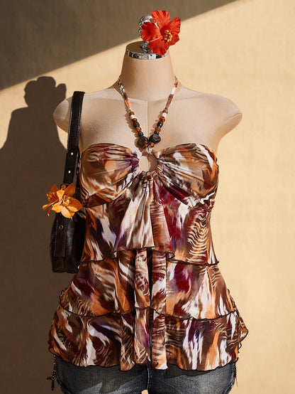 ICON Plus Size Women's Retro Sexy Fashion Bold Bohemian Beach Vacation Night Y2K Zebra Print Chocolate Brown Backless Beaded Multi-Layer Ruffle Top Summer