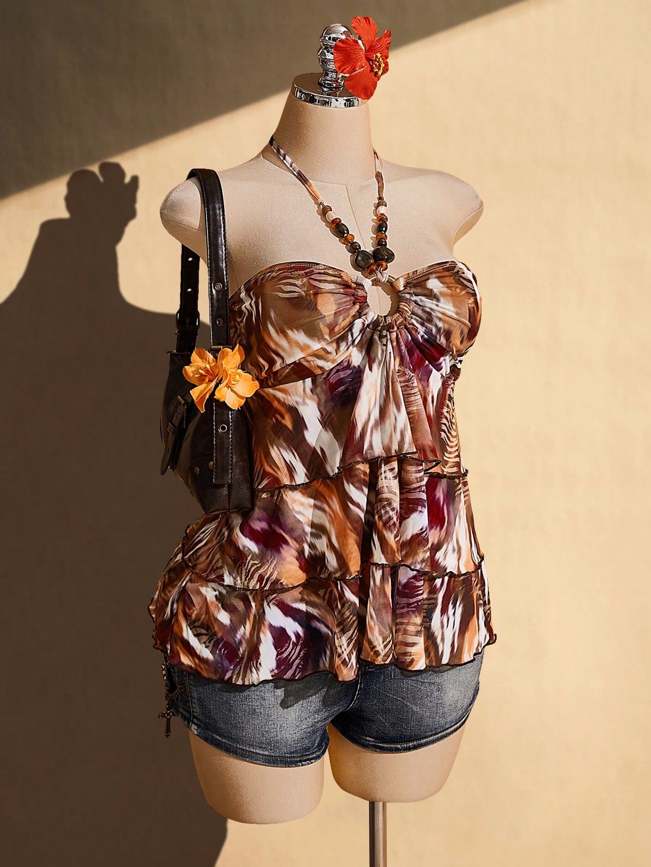 ICON Plus Size Women's Retro Sexy Fashion Bold Bohemian Beach Vacation Night Y2K Zebra Print Chocolate Brown Backless Beaded Multi-Layer Ruffle Top Summer