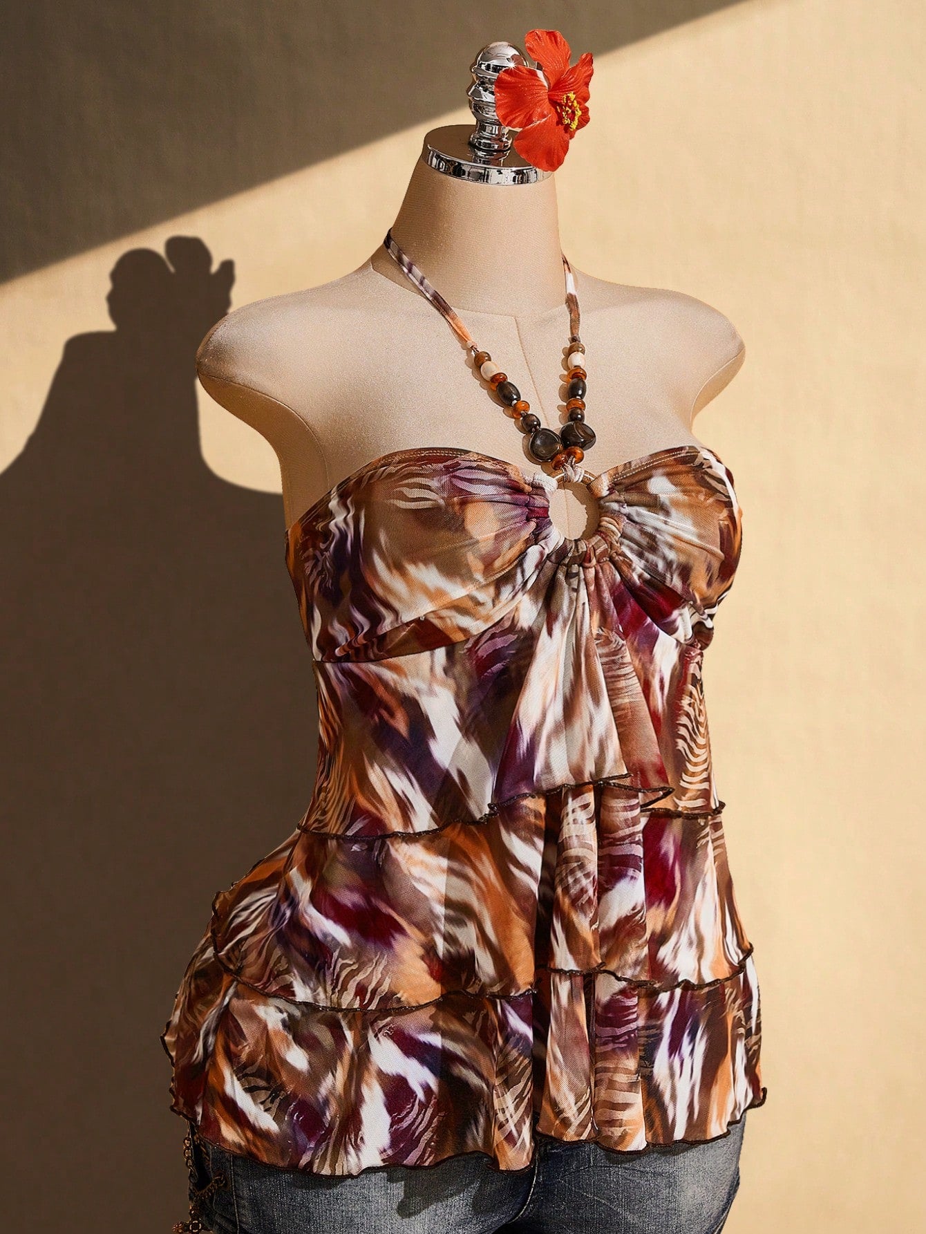 ICON Plus Size Women's Retro Sexy Fashion Bold Bohemian Beach Vacation Night Y2K Zebra Print Chocolate Brown Backless Beaded Multi-Layer Ruffle Top Summer