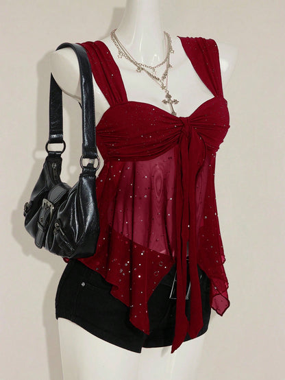 ICON Shiny Fabric Asymmetrical Mesh Hem Women Tank Top,Red Top,Christmas,Red Tops For Women
