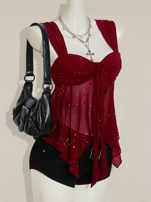 ICON Shiny Fabric Asymmetrical Mesh Hem Women Tank Top,Red Top,Christmas,Red Tops For Women