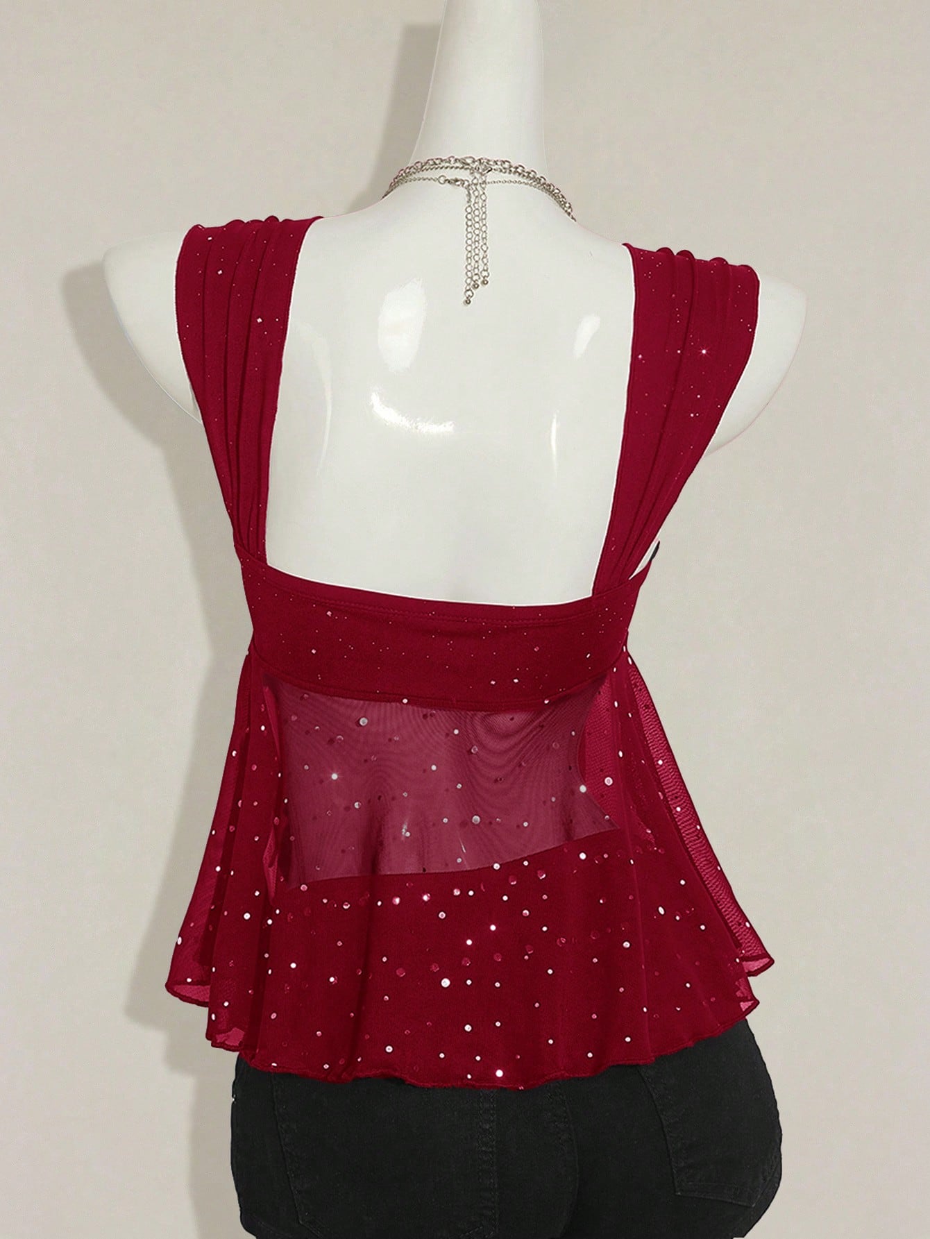 ICON Shiny Fabric Asymmetrical Mesh Hem Women Tank Top,Red Top,Christmas,Red Tops For Women