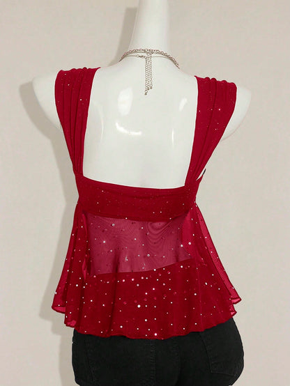 ICON Shiny Fabric Asymmetrical Mesh Hem Women Tank Top,Red Top,Christmas,Red Tops For Women