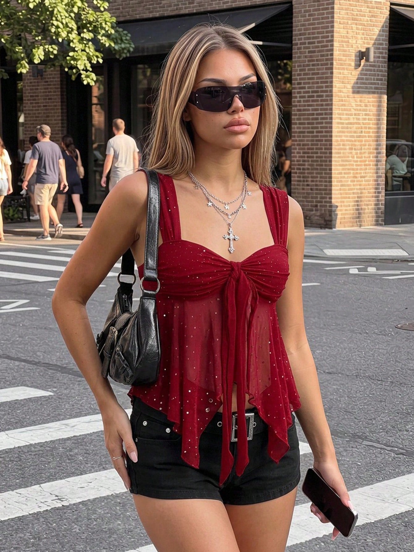 ICON Shiny Fabric Asymmetrical Mesh Hem Women Tank Top,Red Top,Christmas,Red Tops For Women