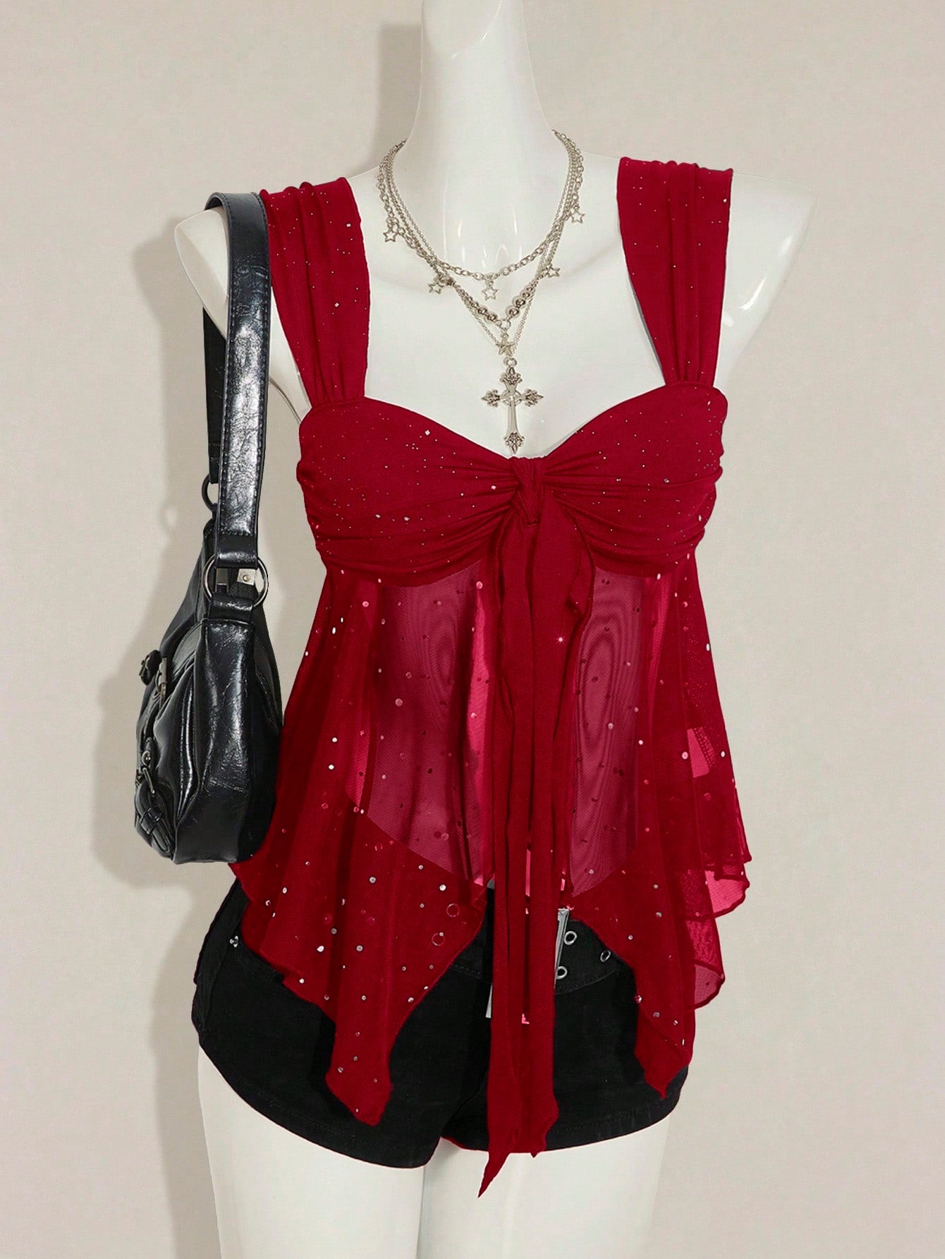 ICON Shiny Fabric Asymmetrical Mesh Hem Women Tank Top,Red Top,Christmas,Red Tops For Women