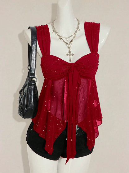 ICON Shiny Fabric Asymmetrical Mesh Hem Women Tank Top,Red Top,Christmas,Red Tops For Women