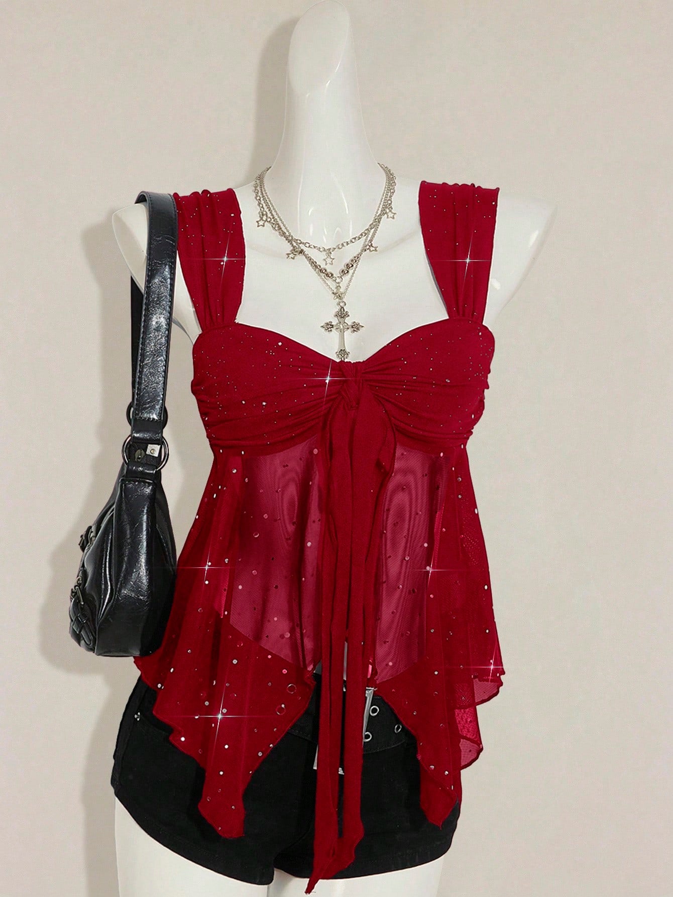 ICON Shiny Fabric Asymmetrical Mesh Hem Women Tank Top,Red Top,Christmas,Red Tops For Women