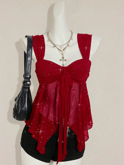 ICON Shiny Fabric Asymmetrical Mesh Hem Women Tank Top,Red Top,Christmas,Red Tops For Women