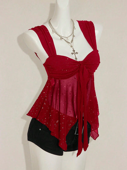 ICON Shiny Fabric Asymmetrical Mesh Hem Women Tank Top,Red Top,Christmas,Red Tops For Women