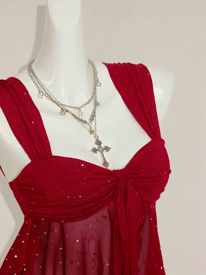 ICON Shiny Fabric Asymmetrical Mesh Hem Women Tank Top,Red Top,Christmas,Red Tops For Women