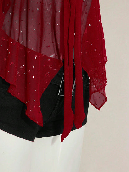 ICON Shiny Fabric Asymmetrical Mesh Hem Women Tank Top,Red Top,Christmas,Red Tops For Women