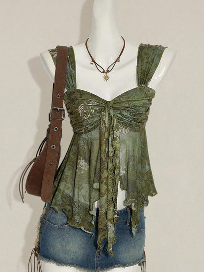 ICON Vintage Boho Print Asymmetrical Hem Mesh Trim Women Tank Top Vacation Green Floral Summer
