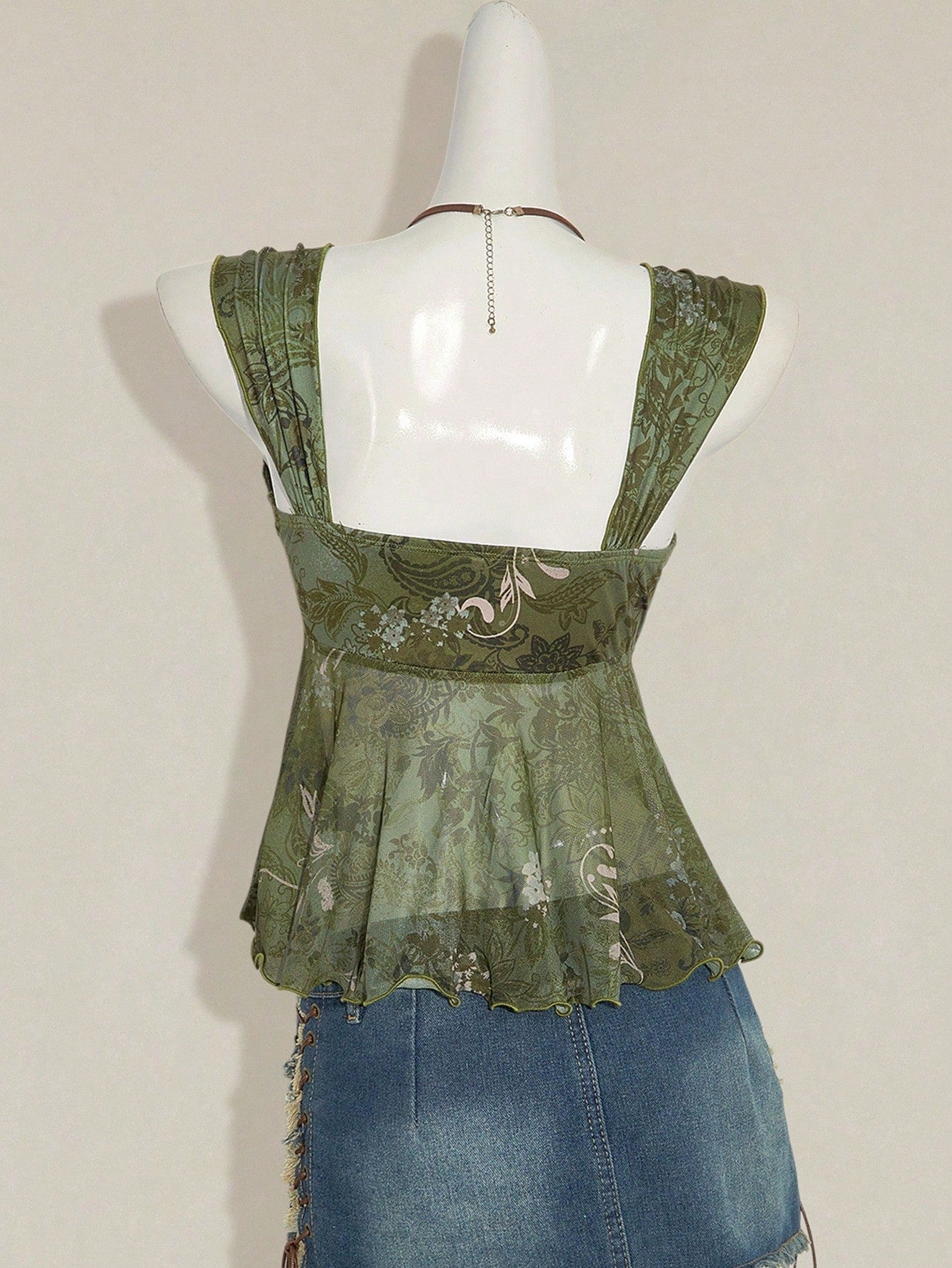 ICON Vintage Boho Print Asymmetrical Hem Mesh Trim Women Tank Top Vacation Green Floral Summer