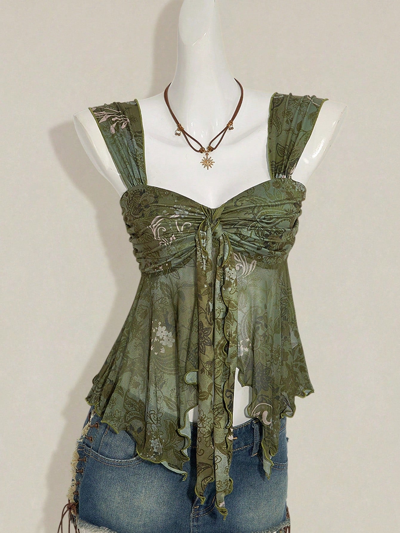 ICON Vintage Boho Print Asymmetrical Hem Mesh Trim Women Tank Top Vacation Green Floral Summer