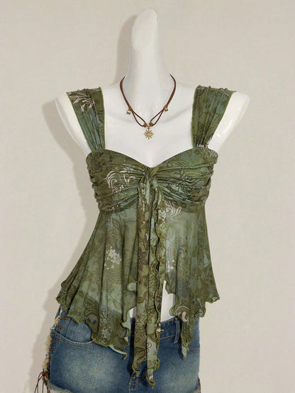 ICON Vintage Boho Print Asymmetrical Hem Mesh Trim Women Tank Top Vacation Green Floral Summer