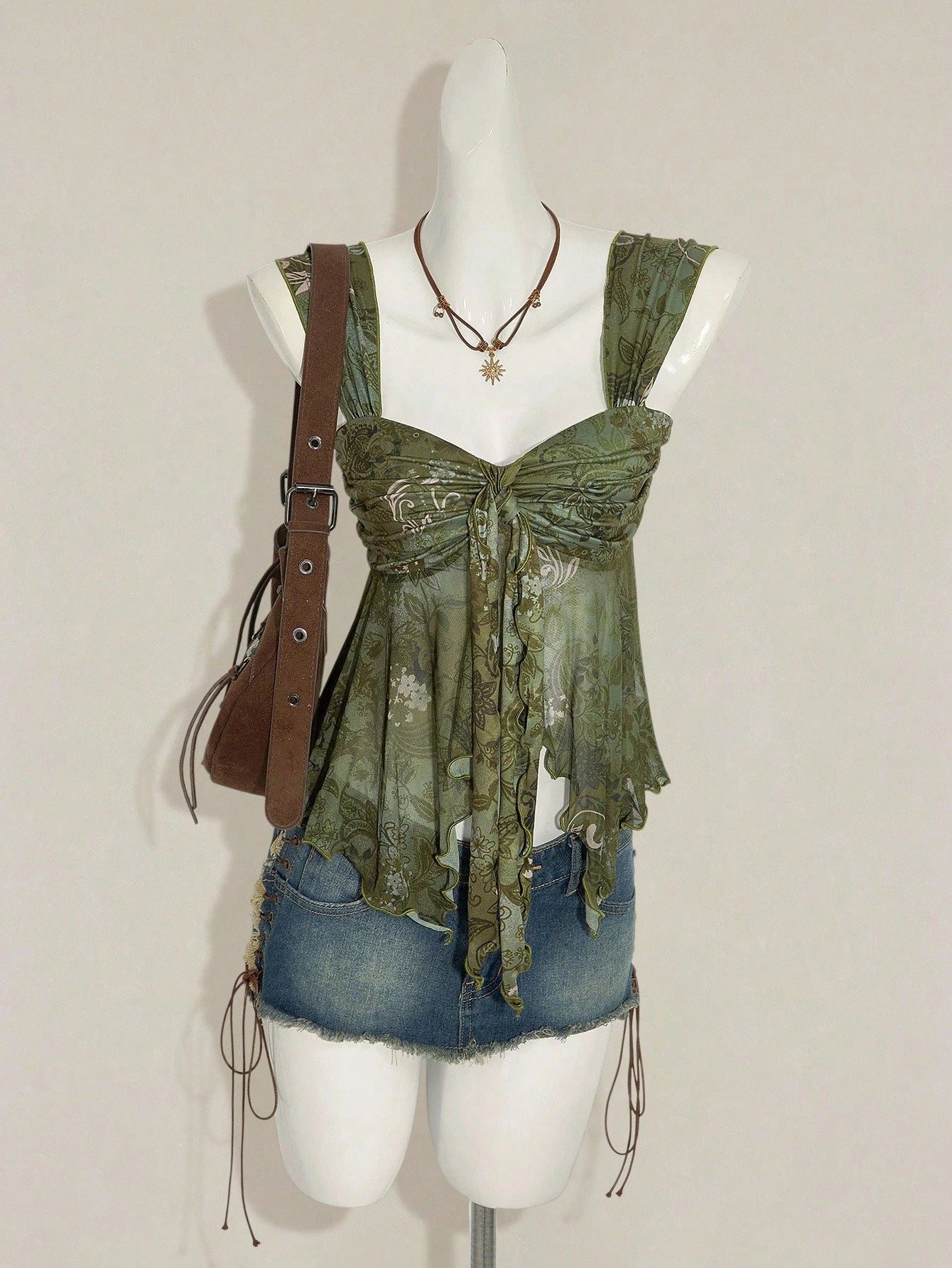 ICON Vintage Boho Print Asymmetrical Hem Mesh Trim Women Tank Top Vacation Green Floral Summer