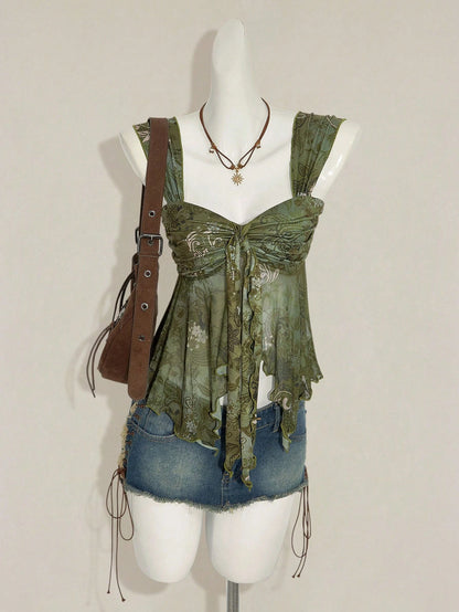 ICON Vintage Boho Print Asymmetrical Hem Mesh Trim Women Tank Top Vacation Green Floral Summer