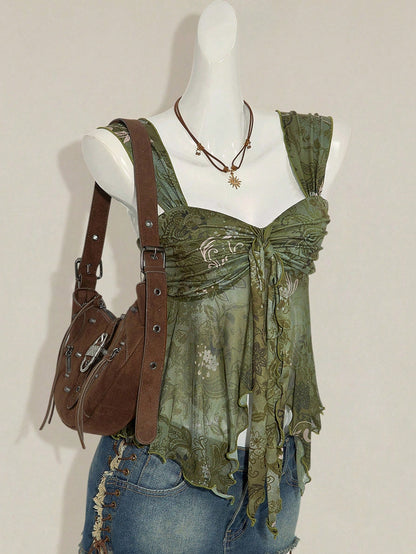 ICON Vintage Boho Print Asymmetrical Hem Mesh Trim Women Tank Top Vacation Green Floral Summer