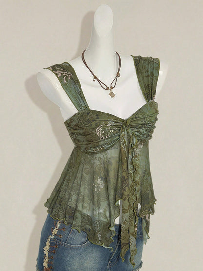 ICON Vintage Boho Print Asymmetrical Hem Mesh Trim Women Tank Top Vacation Green Floral Summer