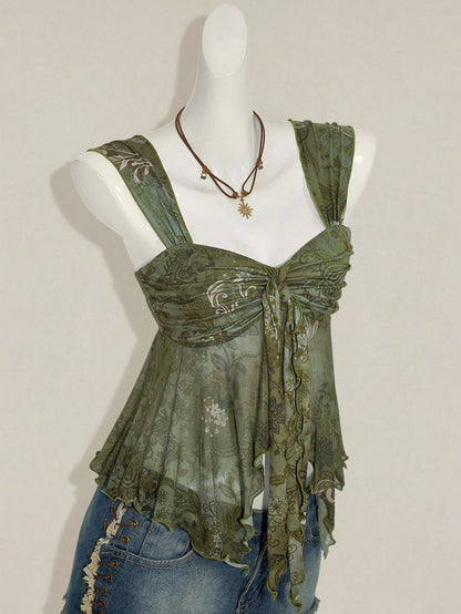 ICON Vintage Boho Print Asymmetrical Hem Mesh Trim Women Tank Top Vacation Green Floral Summer