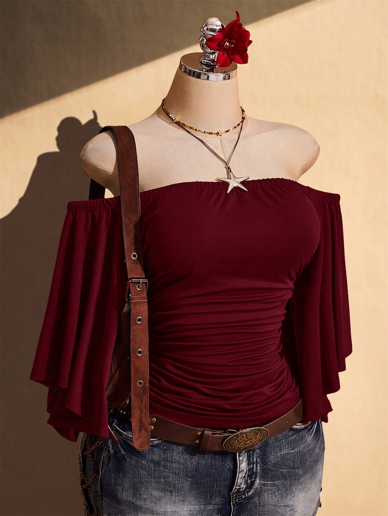 ICON Women's Plus Size Off-Shoulder Solid Color Bell Sleeve Fashion Top