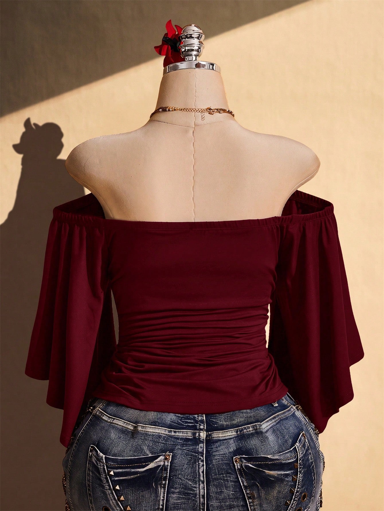 ICON Women's Plus Size Off-Shoulder Solid Color Bell Sleeve Fashion Top