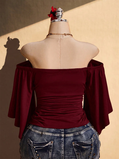 ICON Women's Plus Size Off-Shoulder Solid Color Bell Sleeve Fashion Top