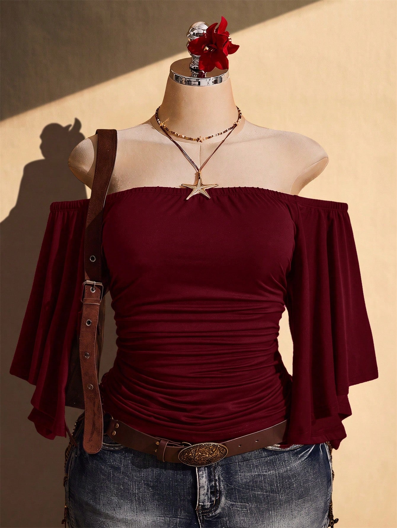 ICON Women's Plus Size Off-Shoulder Solid Color Bell Sleeve Fashion Top