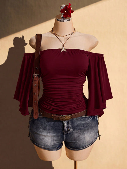 ICON Women's Plus Size Off-Shoulder Solid Color Bell Sleeve Fashion Top