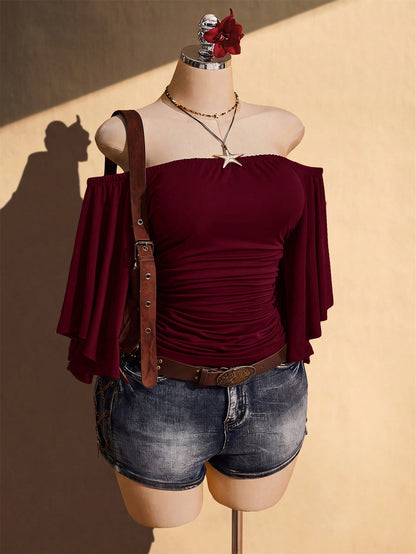 ICON Women's Plus Size Off-Shoulder Solid Color Bell Sleeve Fashion Top