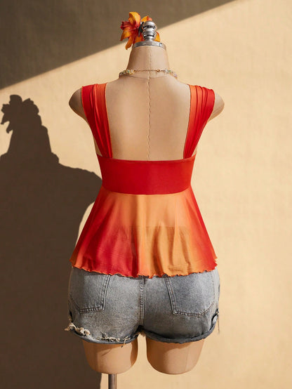 ICON Women's Plus Size Sunset Gradient Orange Camisole Red Summer Boho Sexy Eleganza Curve Vacation Holiday Y2K Retro Gathered Straps Beach Top