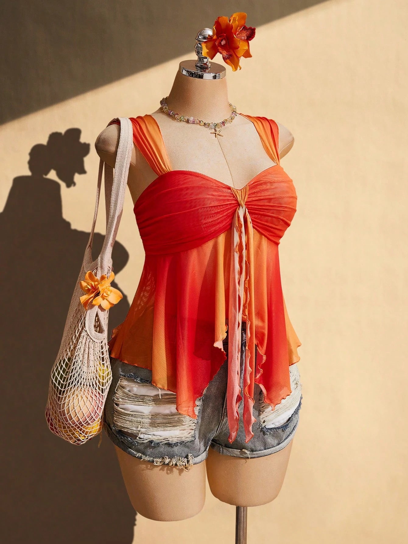 ICON Women's Plus Size Sunset Gradient Orange Camisole Red Summer Boho Sexy Eleganza Curve Vacation Holiday Y2K Retro Gathered Straps Beach Top
