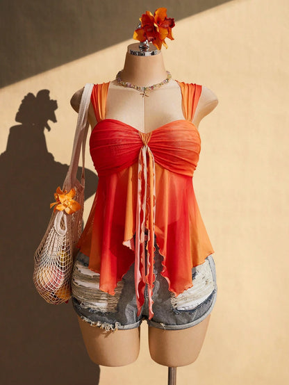 ICON Women's Plus Size Sunset Gradient Orange Camisole Red Summer Boho Sexy Eleganza Curve Vacation Holiday Y2K Retro Gathered Straps Beach Top