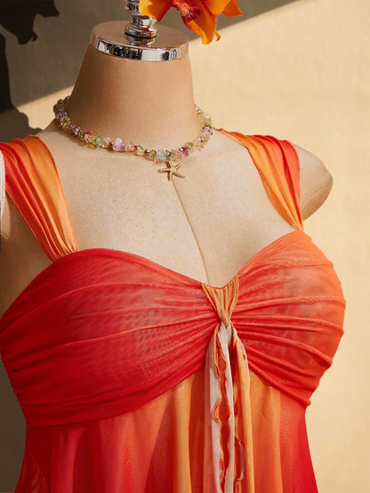 ICON Women's Plus Size Sunset Gradient Orange Camisole Red Summer Boho Sexy Eleganza Curve Vacation Holiday Y2K Retro Gathered Straps Beach Top