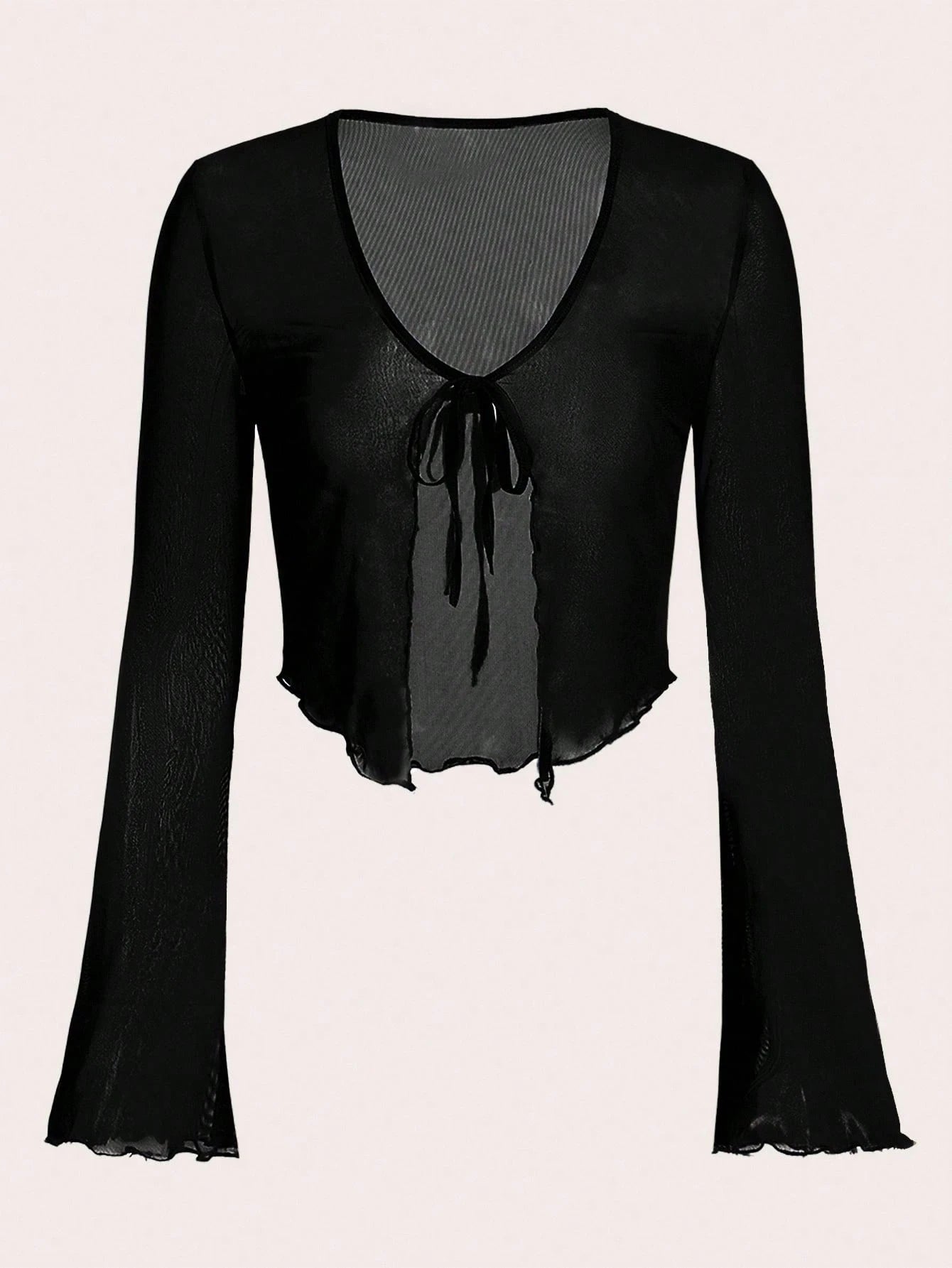ICON Women's Tie Front Flare Sleeve Lettuce Trim Mesh Top,Y2k Summer Club Black V Neck Flounce Sleeve Regular Fit Plain Tops,Casual Daily Wear Spring/Fall