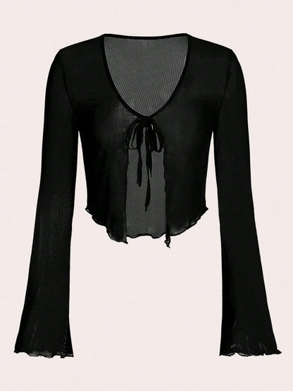 ICON Women's Tie Front Flare Sleeve Lettuce Trim Mesh Top,Y2k Summer Club Black V Neck Flounce Sleeve Regular Fit Plain Tops,Casual Daily Wear Spring/Fall