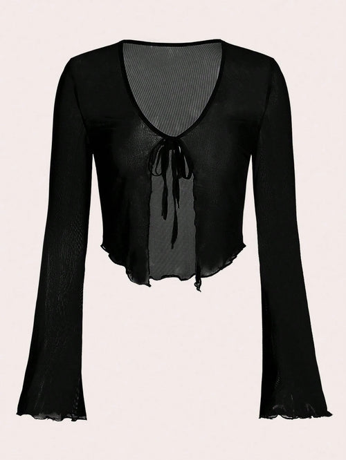 ICON Women's Tie Front Flare Sleeve Lettuce Trim Mesh Top,Y2k Summer Club Black V Neck Flounce Sleeve Regular Fit Plain Tops,Casual Daily Wear Spring/Fall