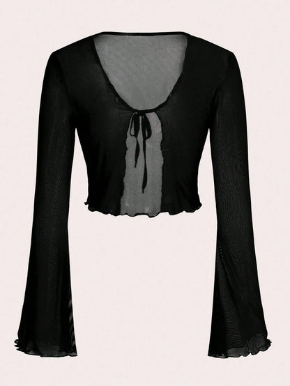 ICON Women's Tie Front Flare Sleeve Lettuce Trim Mesh Top,Y2k Summer Club Black V Neck Flounce Sleeve Regular Fit Plain Tops,Casual Daily Wear Spring/Fall