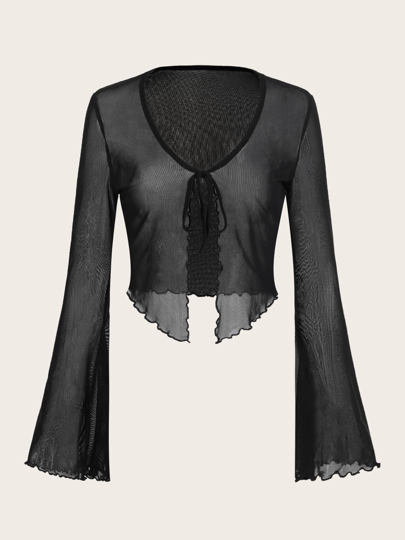 ICON Women's Tie Front Flare Sleeve Lettuce Trim Mesh Top,Y2k Summer Club Black V Neck Flounce Sleeve Regular Fit Plain Tops,Casual Daily Wear Spring/Fall