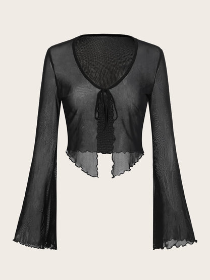 ICON Women's Tie Front Flare Sleeve Lettuce Trim Mesh Top,Y2k Summer Club Black V Neck Flounce Sleeve Regular Fit Plain Tops,Casual Daily Wear Spring/Fall