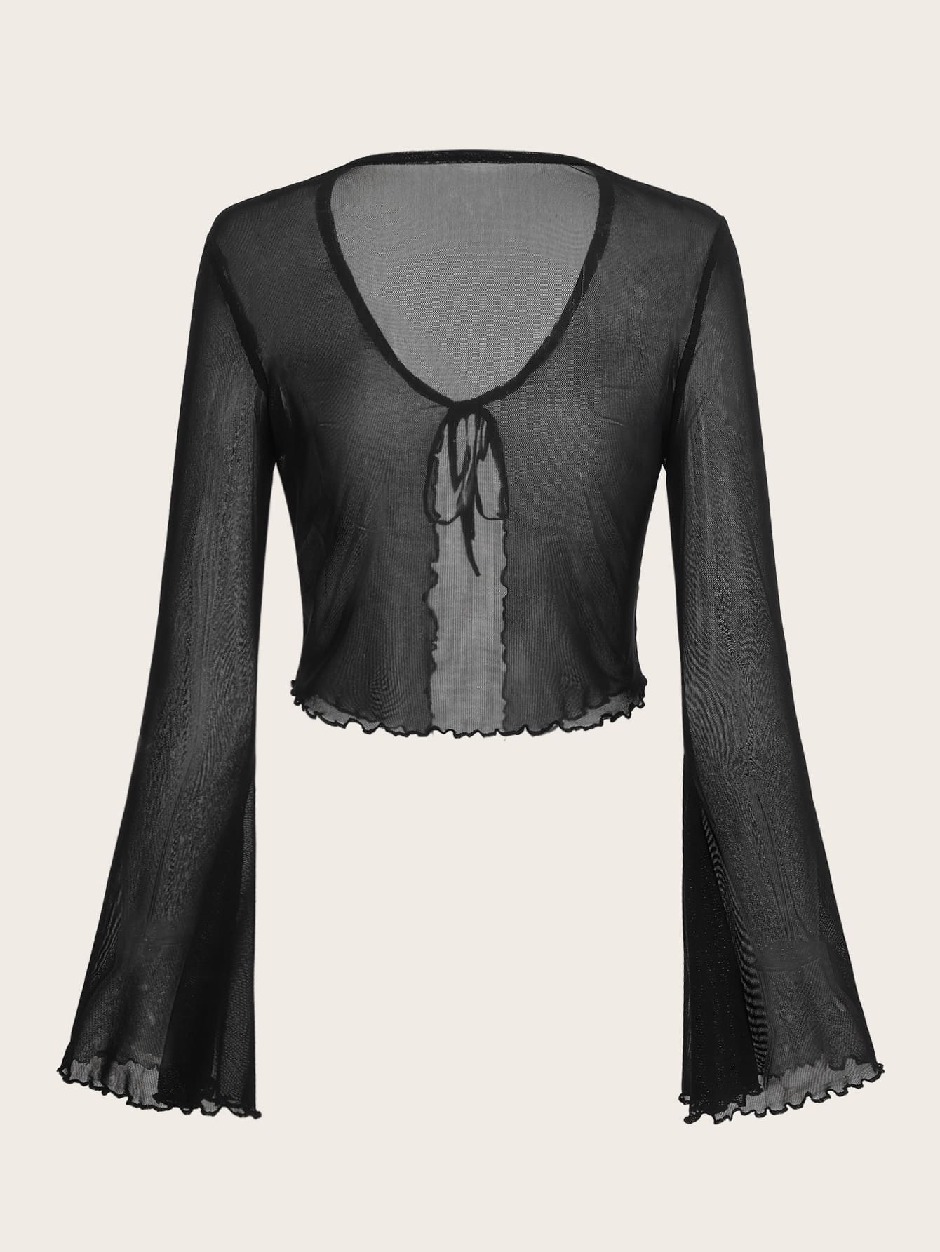 ICON Women's Tie Front Flare Sleeve Lettuce Trim Mesh Top,Y2k Summer Club Black V Neck Flounce Sleeve Regular Fit Plain Tops,Casual Daily Wear Spring/Fall