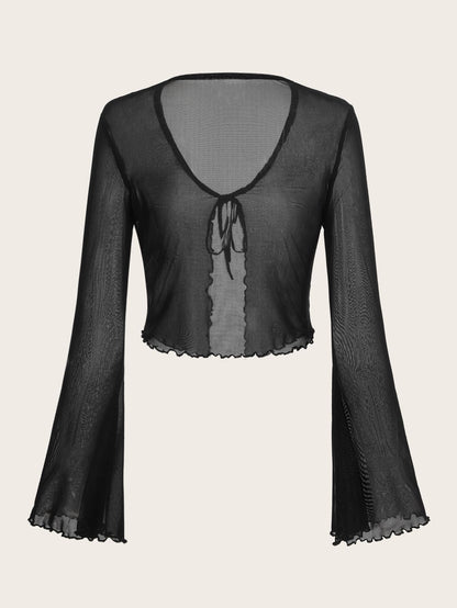 ICON Women's Tie Front Flare Sleeve Lettuce Trim Mesh Top,Y2k Summer Club Black V Neck Flounce Sleeve Regular Fit Plain Tops,Casual Daily Wear Spring/Fall