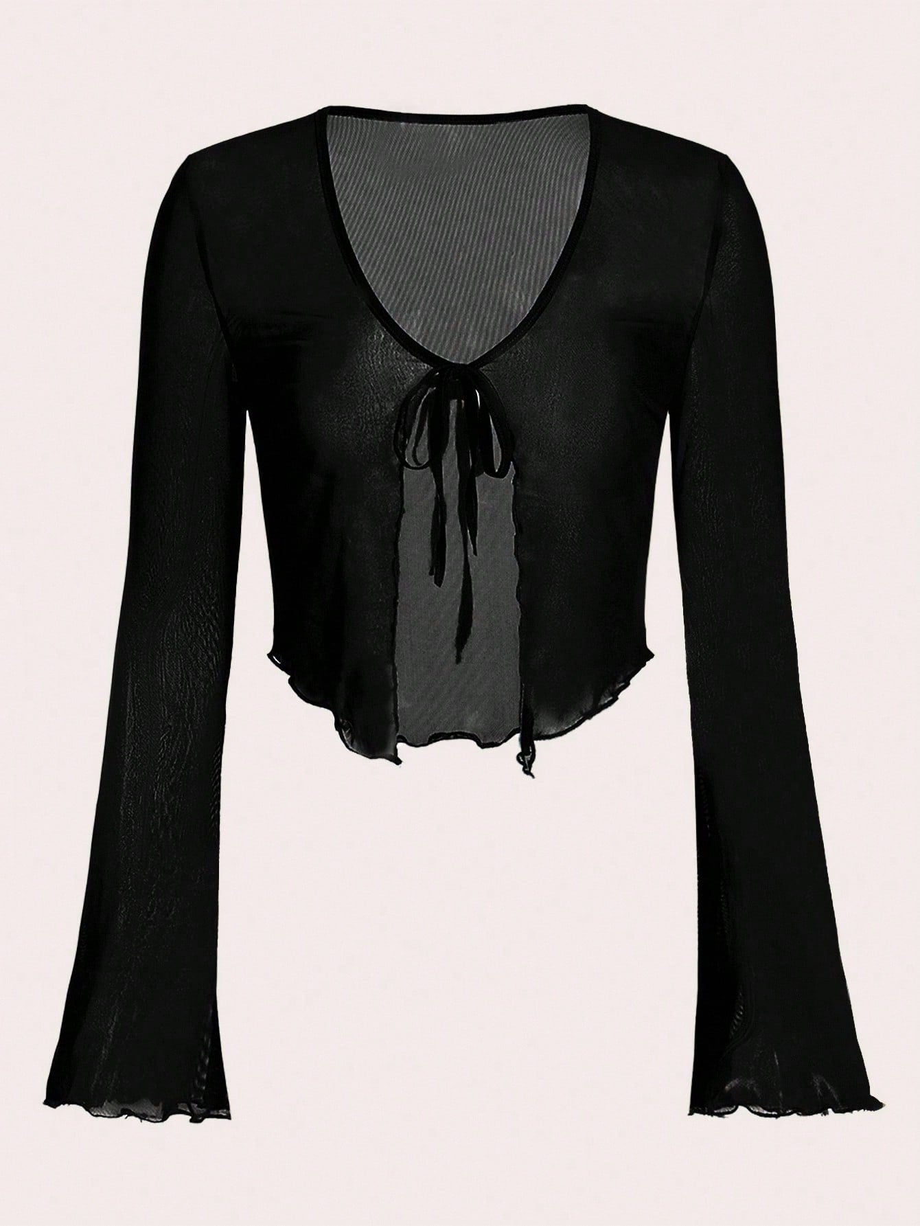 ICON Women's Tie Front Flare Sleeve Lettuce Trim Mesh Top,Y2k Summer Club Black V Neck Flounce Sleeve Regular Fit Plain Tops,Casual Daily Wear Spring/Fall