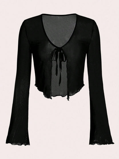 ICON Women's Tie Front Flare Sleeve Lettuce Trim Mesh Top,Y2k Summer Club Black V Neck Flounce Sleeve Regular Fit Plain Tops,Casual Daily Wear Spring/Fall