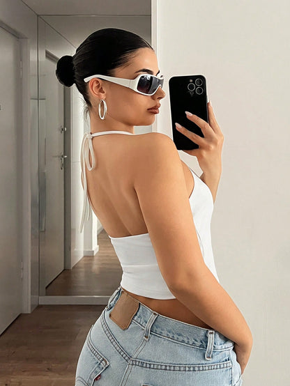 ICON Women's White Sexy Solid Color Halter Neck Tank Top Night Out Vacation Summer