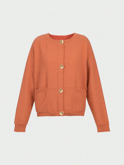 ii Casual Loose Metal Button Knit Cardigan