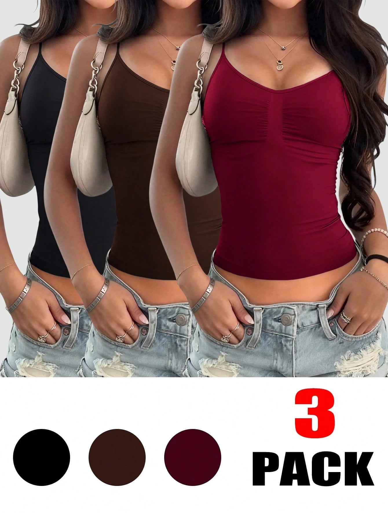 INAWLY 3pcs/Set Women's Solid Color Pleated Fitted Casual Camisole Tops