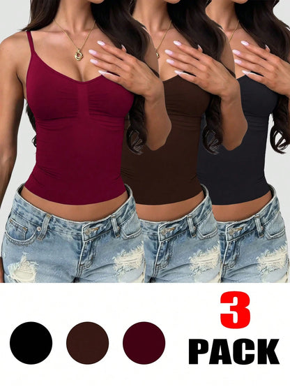 INAWLY 3pcs/Set Women's Solid Color Pleated Fitted Casual Camisole Tops
