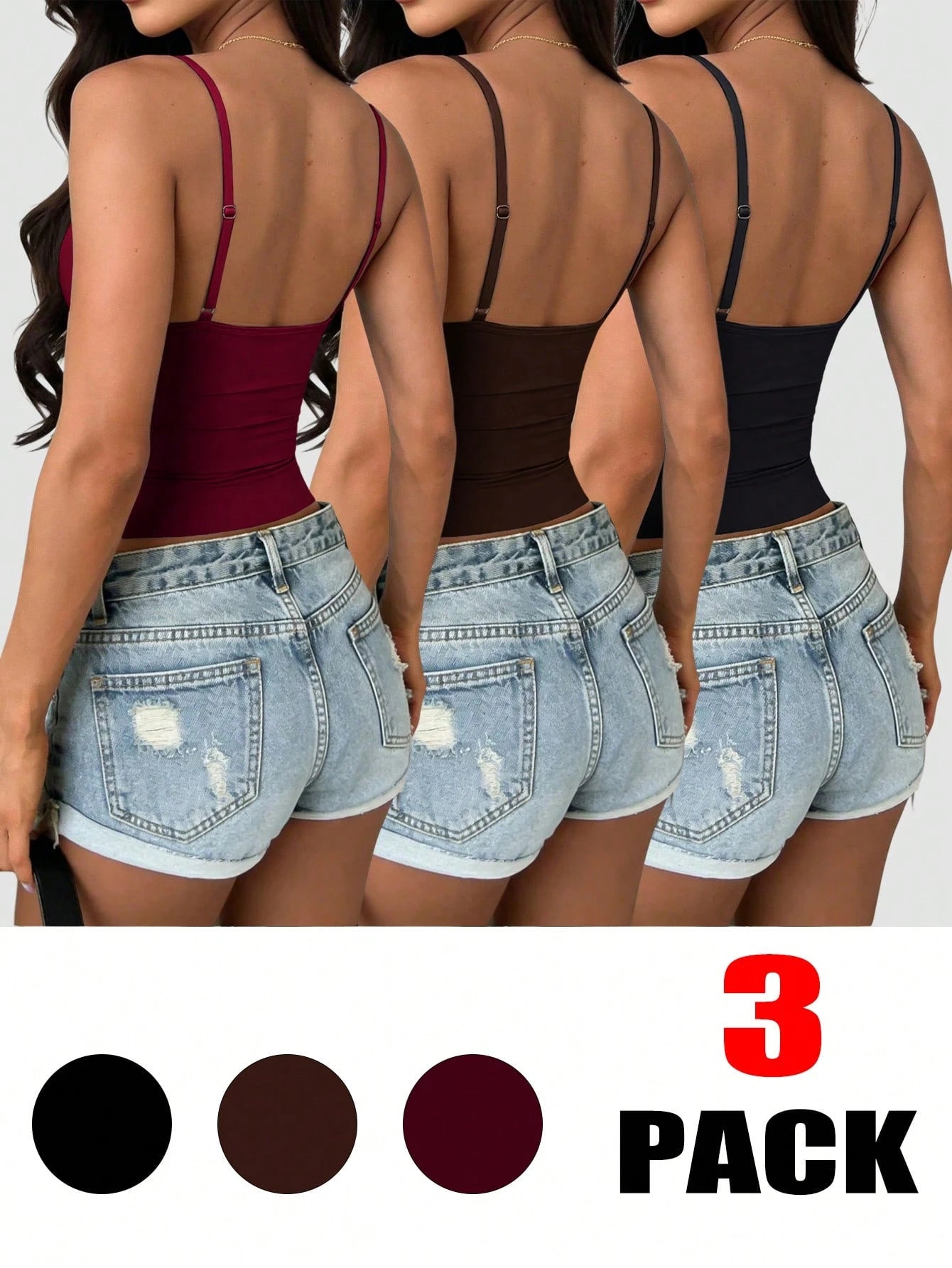 INAWLY 3pcs/Set Women's Solid Color Pleated Fitted Casual Camisole Tops