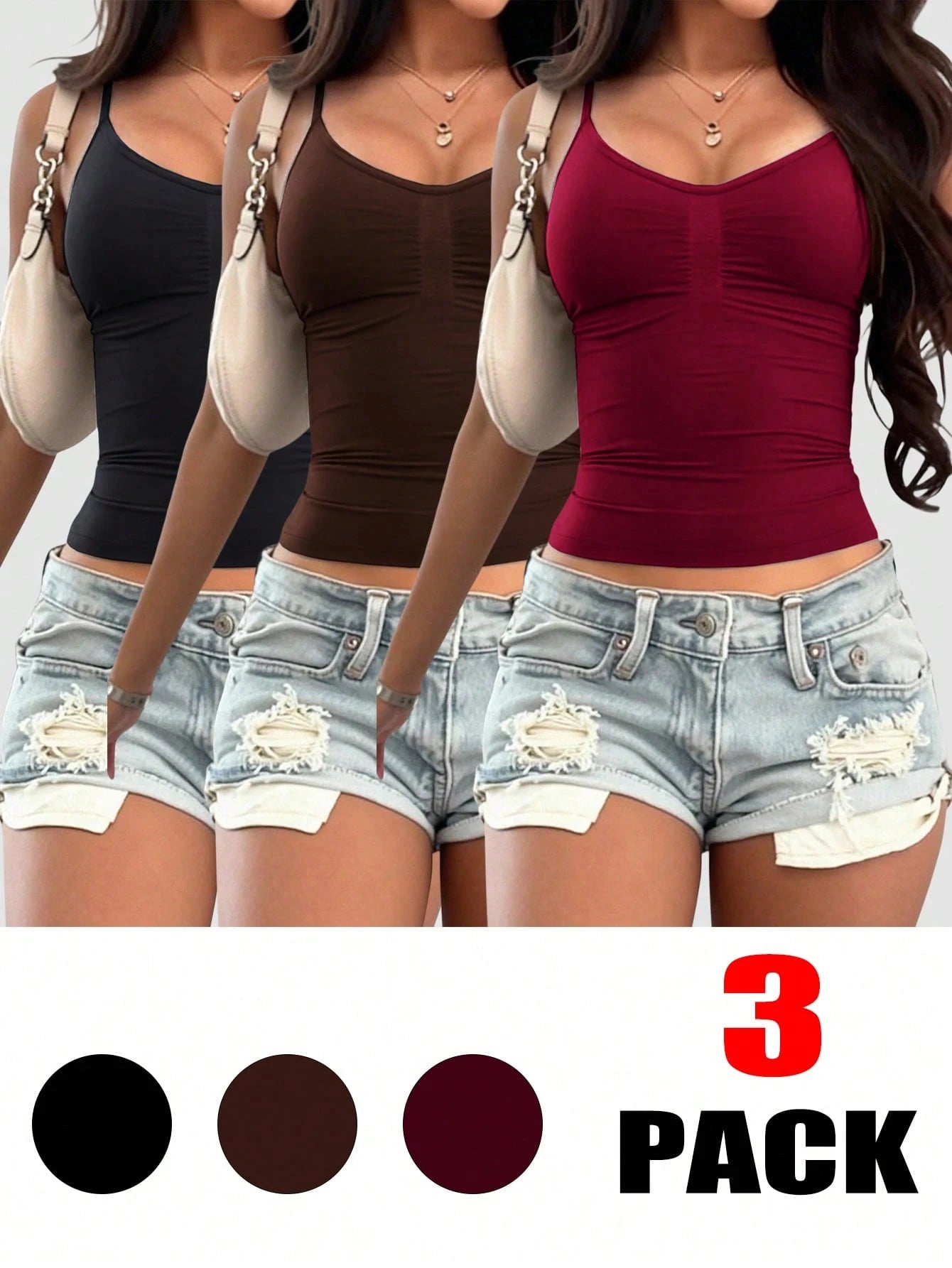 INAWLY 3pcs/Set Women's Solid Color Pleated Fitted Casual Camisole Tops
